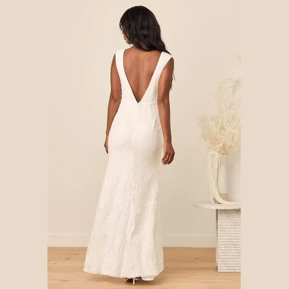 Lulus True Feelings White Sequin Embroidered Lace Maxi Dress M - Picture 4 of 4